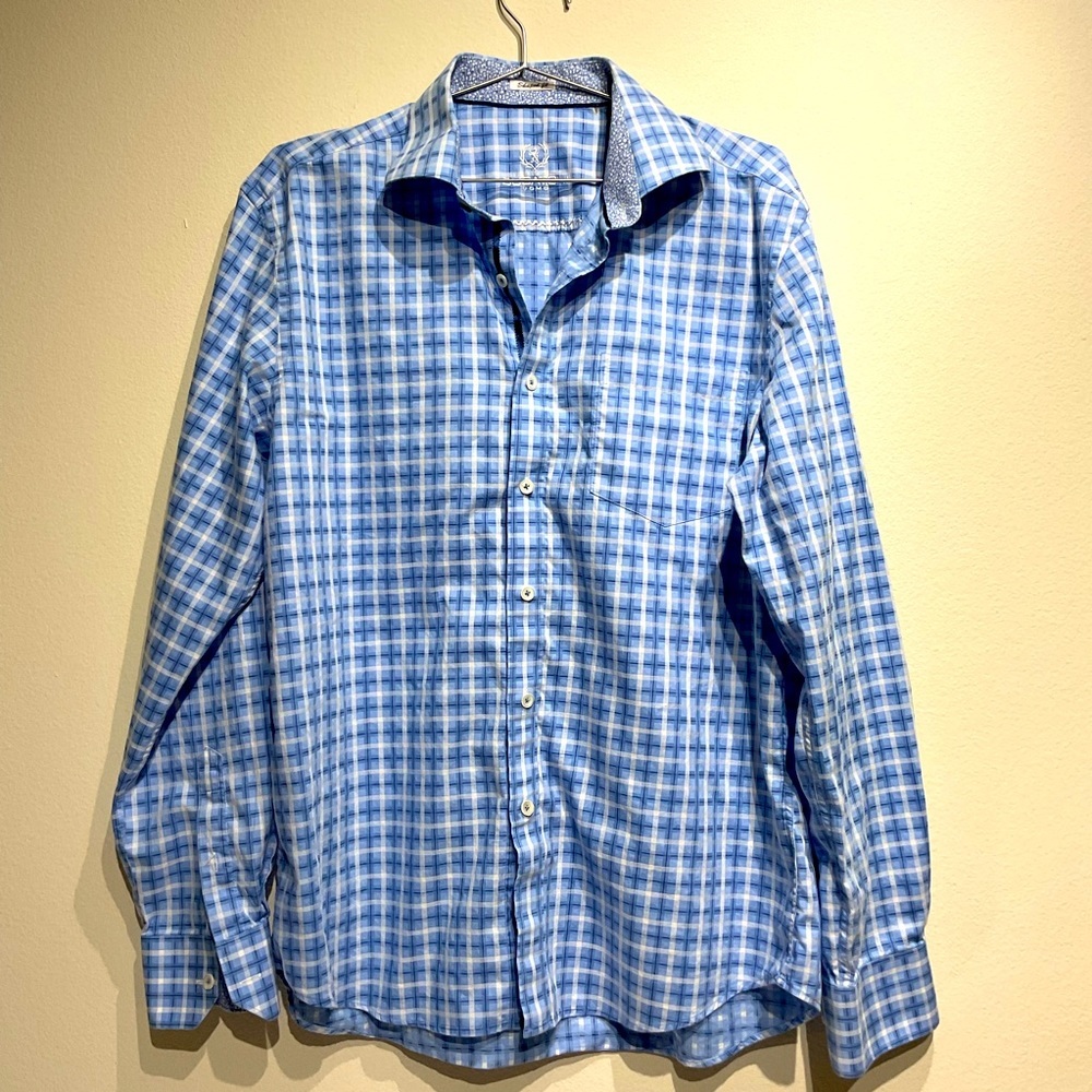 Bugatchi Size L Blue Men’s Long Sleeve Button Up Plaid-Flower Sleeves Pattern